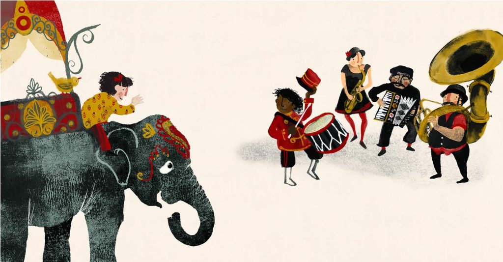 Illustration of a band with accordion, drum, saxophone and sousaphone. Child riding an elephant