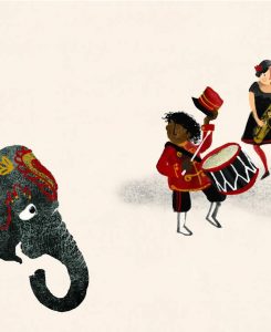Illustration of a band with accordion, drum, saxophone and sousaphone. Child riding an elephant