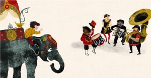 Illustration of a band with accordion, drum, saxophone and sousaphone. Child riding an elephant