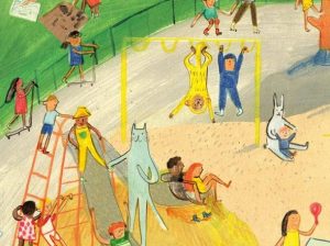 illustration of animals and children in a park by Maisie Shearring