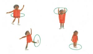 Illustration of child playing with a hula hoop, by Maisie Shearring